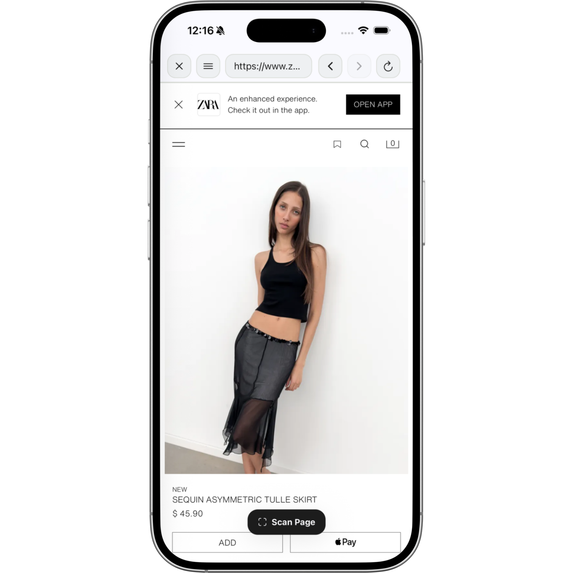 Klozu Browser shopping page with Scan Page button